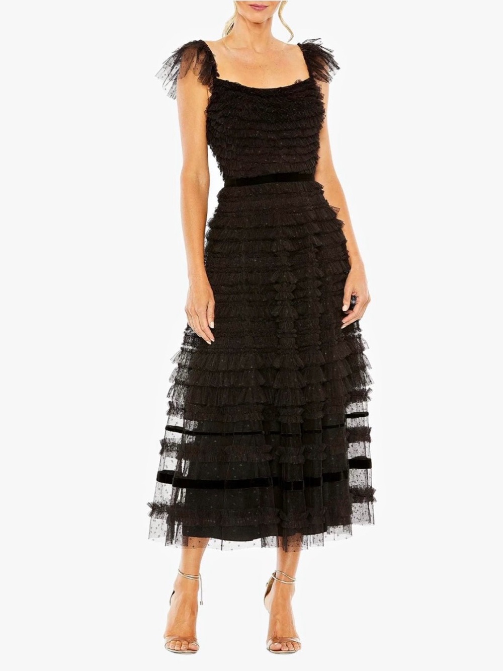 Mac Duggal Black Tiered Tulle Midi Dress